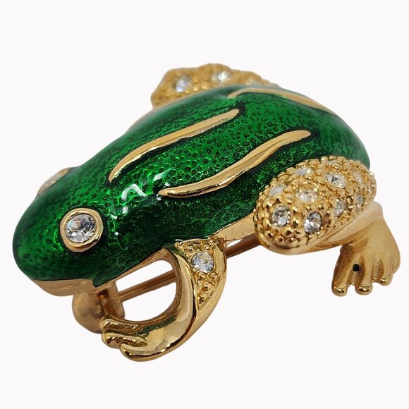 Vintage Green Enamel Rhinestone Frog Pin Signed Roman Gold Tone 1.25" - Picture 2 of 6